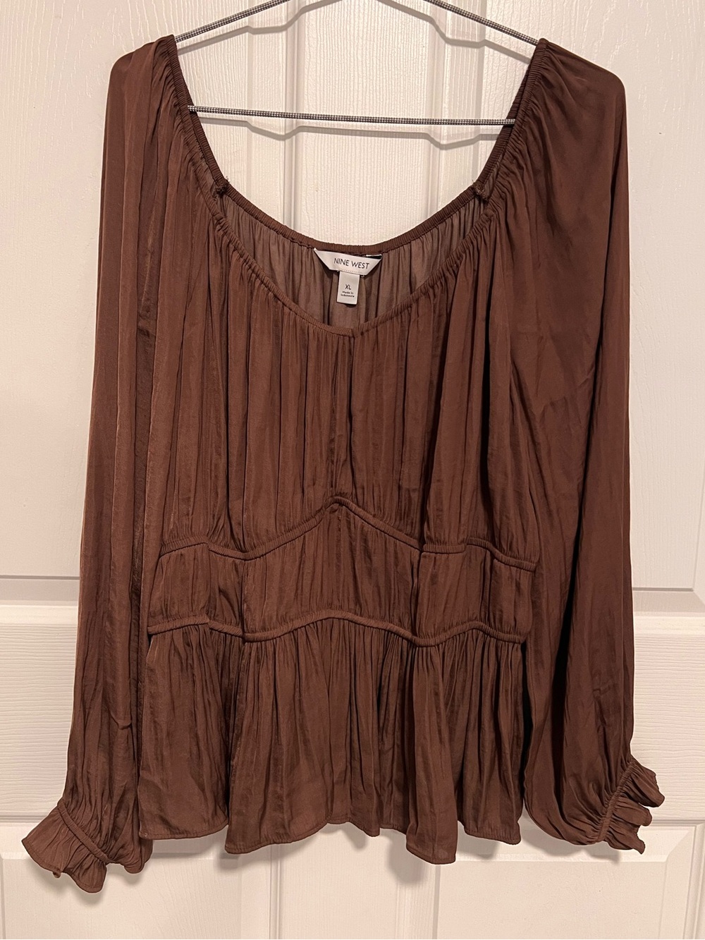 Nine West NWT Mocha Brown Babydoll Peplum Peasant Blouse